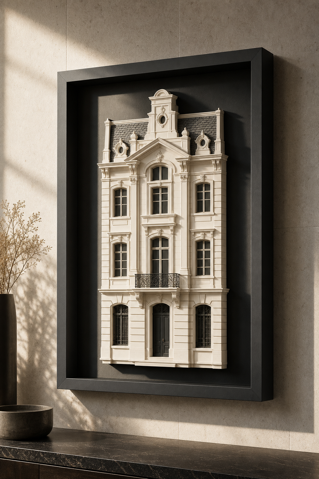 Architecturaal reliëfportret van een herenhuis in een zwart schaduwbox-frame