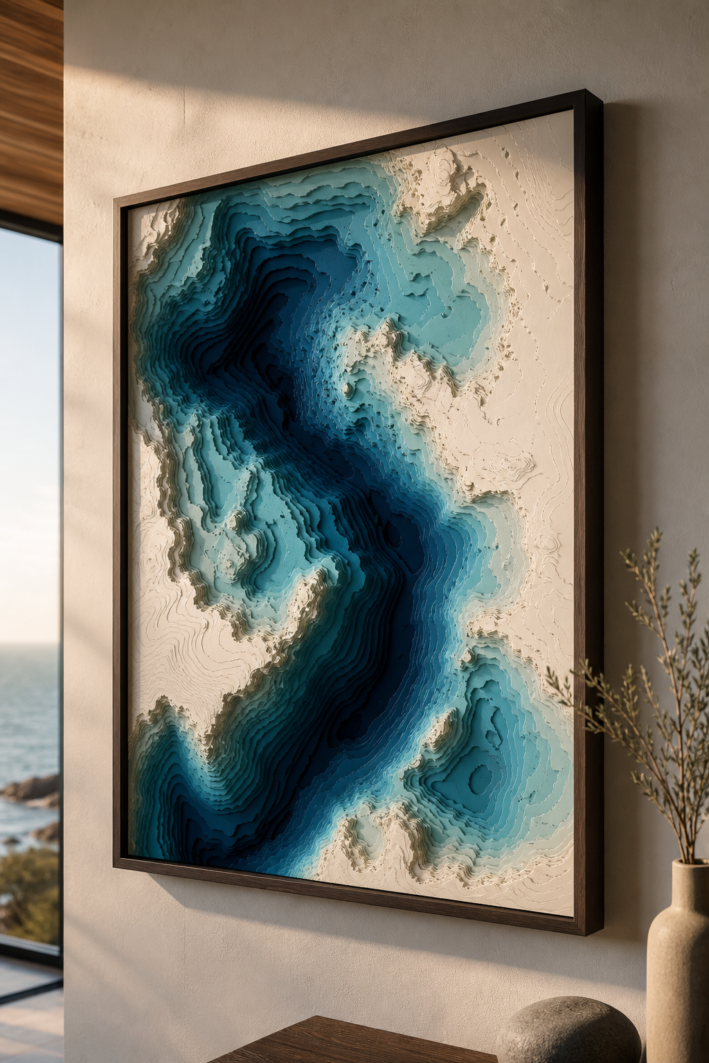 Gelaagde bathymetrische dieptekaart in blauw en ivoor