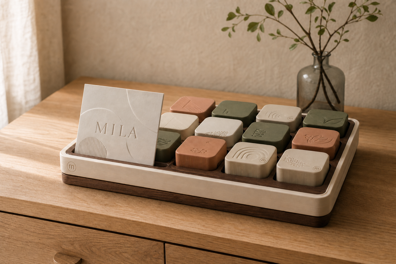 Gepersonaliseerde luxe geboorte- en doopsuikertray met de naam Mila en terugkerend monogram