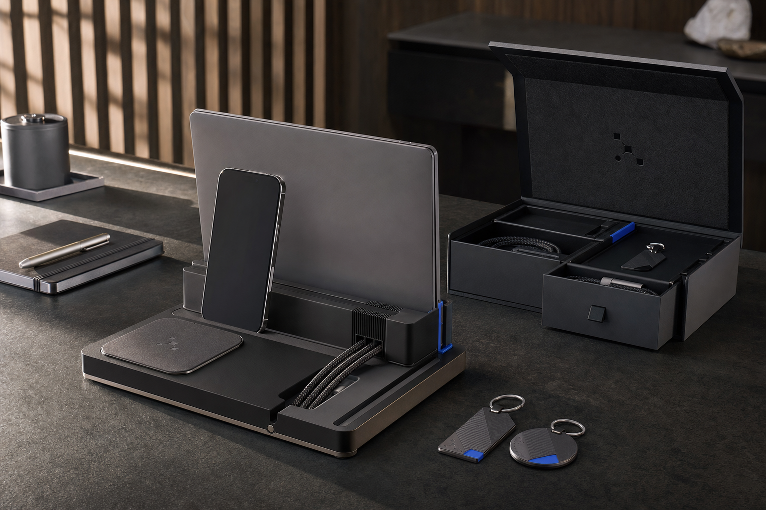 Premium corporate onboarding set met desk-dock, badgehouders en herbruikbare mechanische box