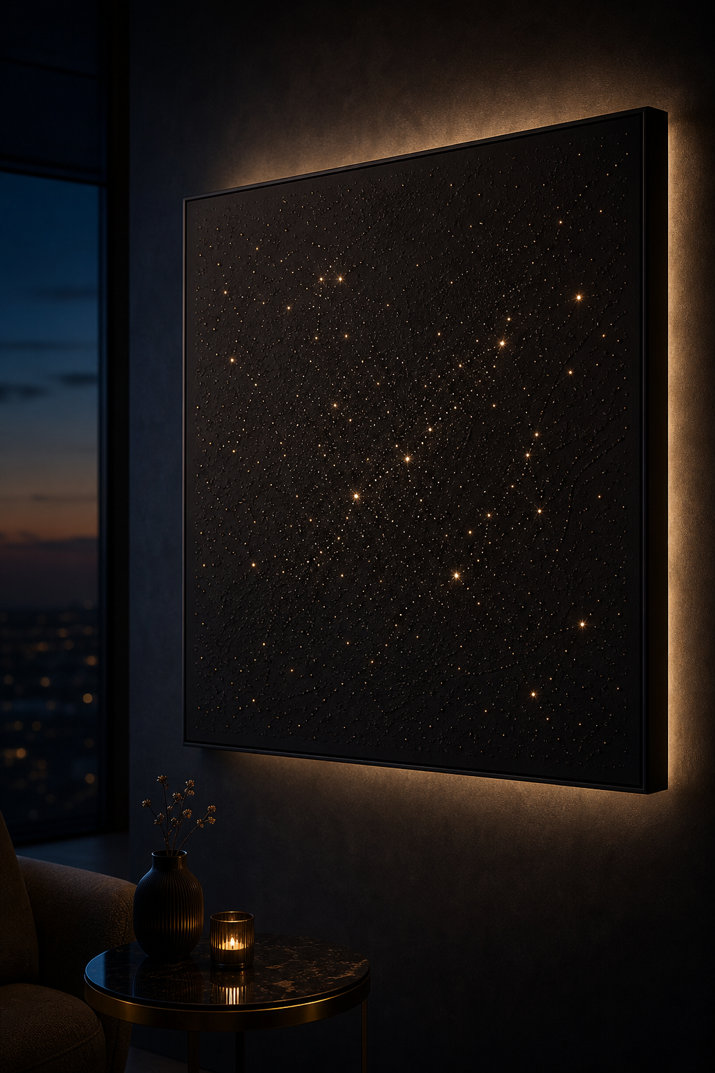 Donker sterrenreliëf met kleine warme lichtpunten aan een muur
