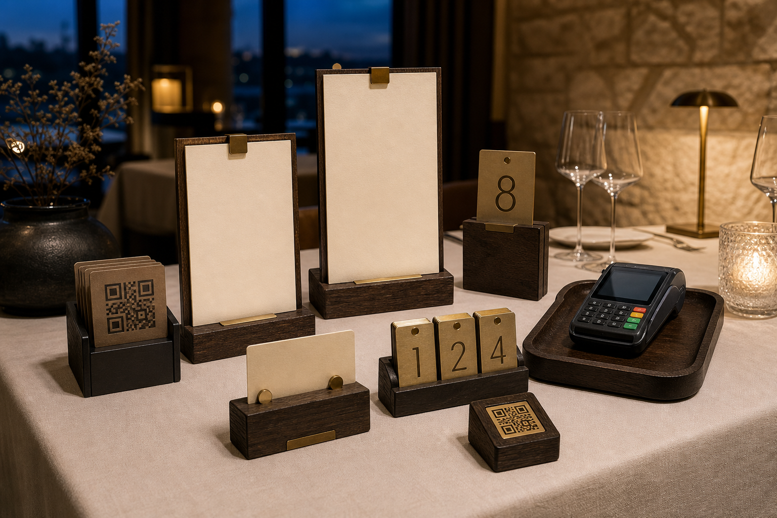 Luxe horeca identity set met mechanische menukaarthouders, tafelmarkering en betaaltray