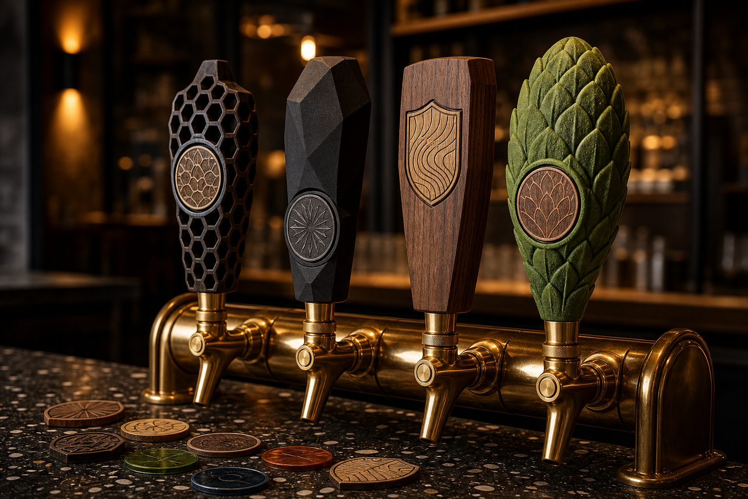Sculpturale modulaire taphendels met verwisselbare badges voor een craft brewery