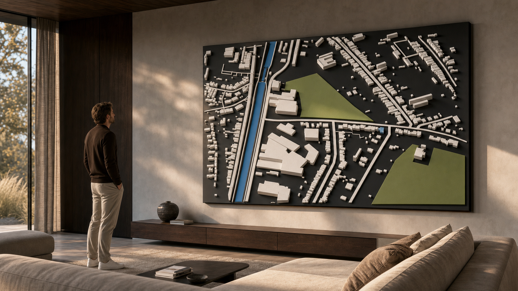 Grote 3D-reliëfkaart van een buurt als wandobject in een woonkamer