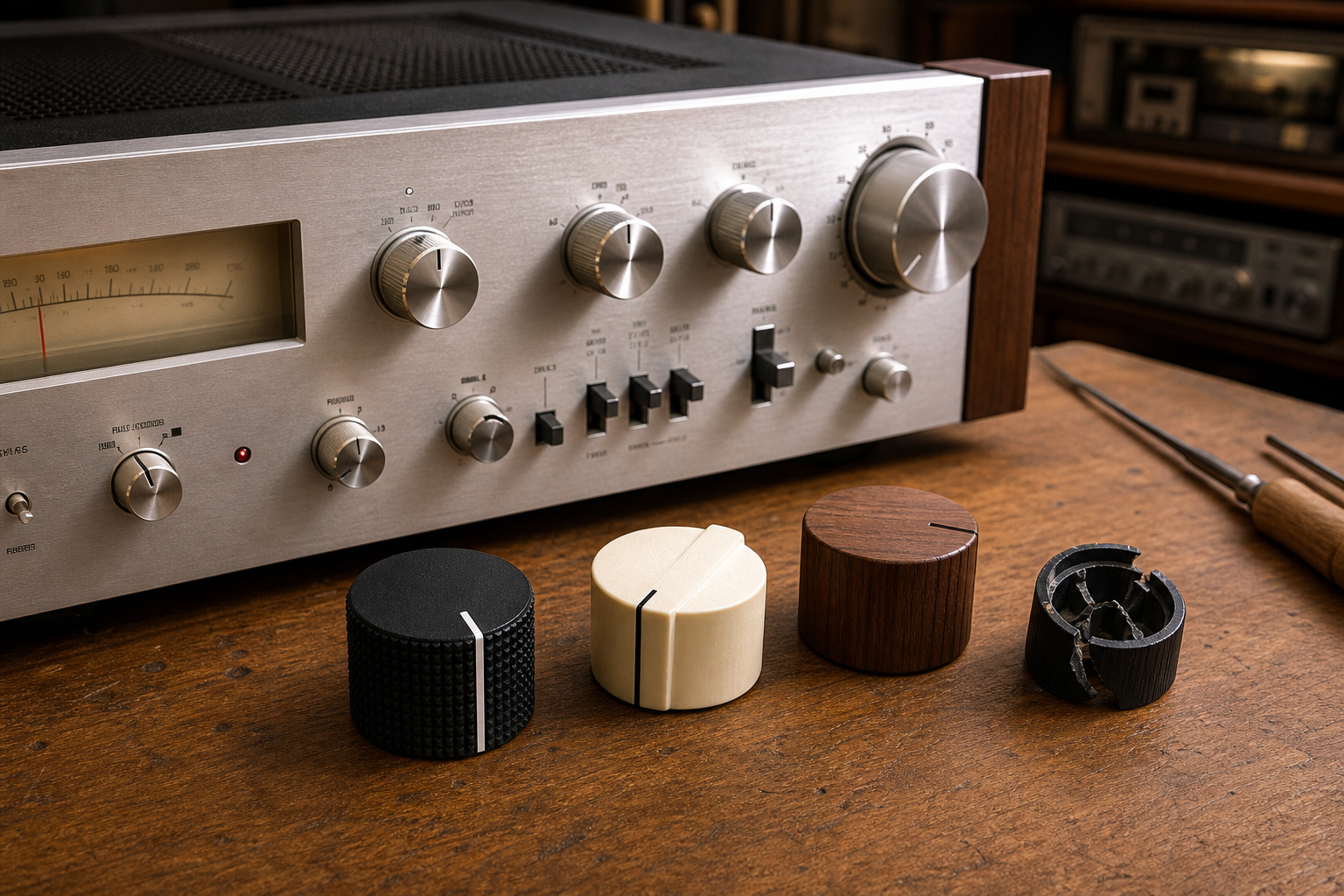 Gereproduceerde knoppen voor een vintage audioversterker naast een origineel gebroken exemplaar